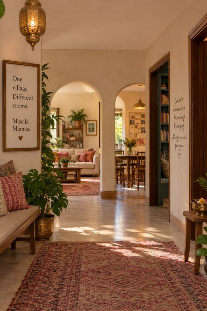 A sunlit hallway looking into different rooms of a home