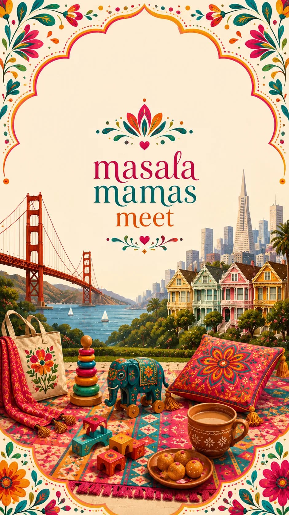 Masala Mamas Meet picnic with San Francisco skyline and Golden Gate Bridge