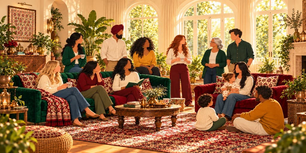 Mamas, dads, and children gathered in a sunlit living room