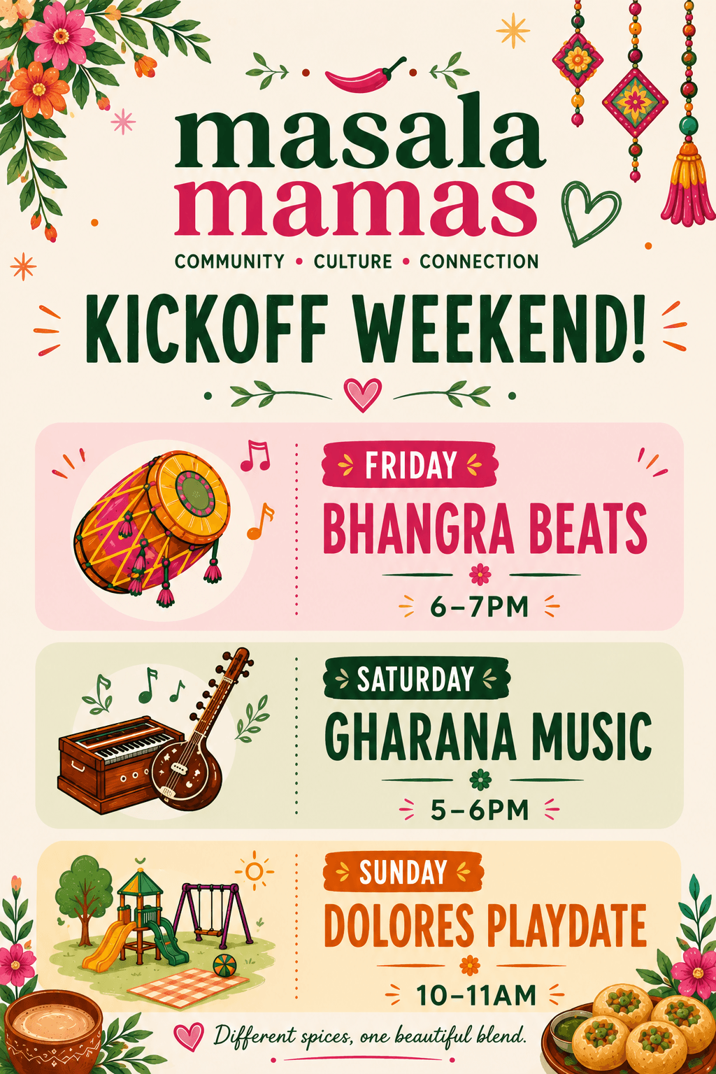 Masala Mamas Kickoff Weekend flyer with Bhangra Beats, Gharana Music, and Dolores Park playdate